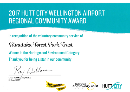 Certificate for Heritage & Environment Award won by the Rimutaka Forest Park Trust in August 2017
