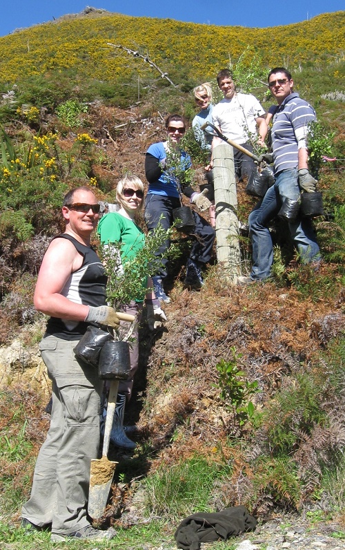 Some of the team from ANZ National Bank heading up the slopes to plant their trees above the Catchpool Car Park