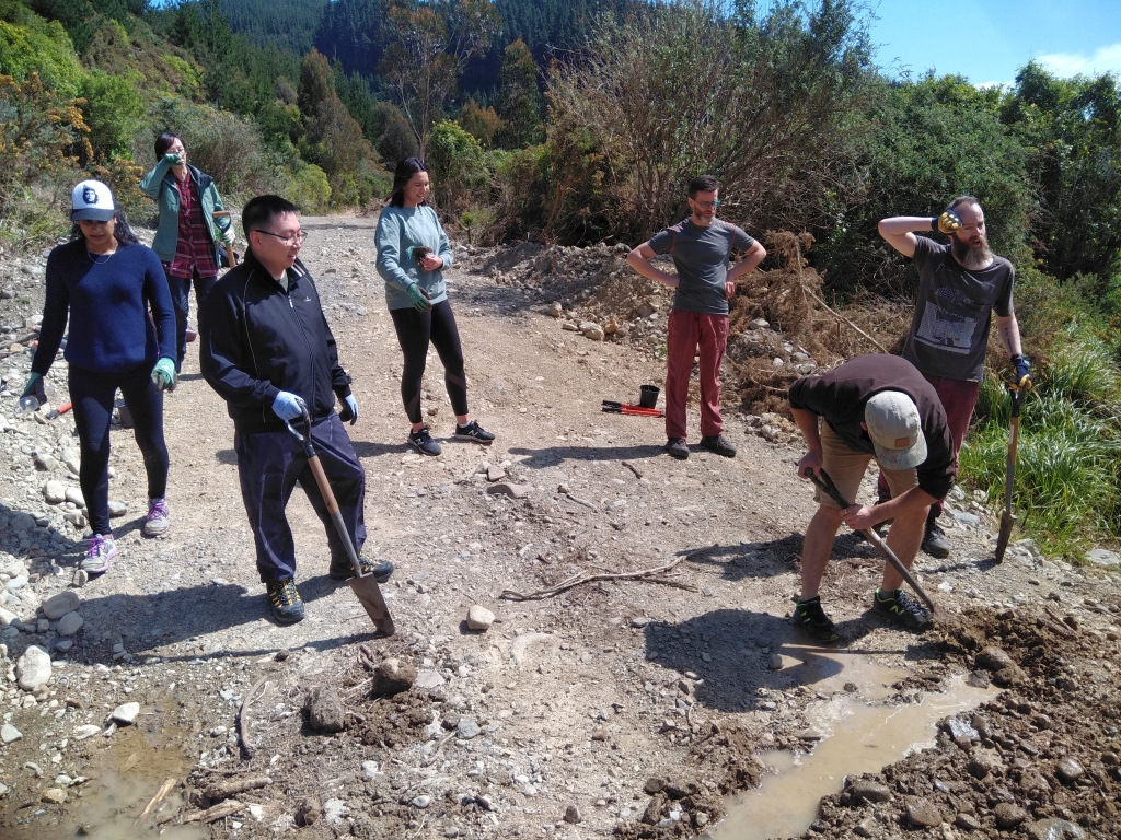 Digging a channel across the gravel road to connect the stream to its former watercourse.